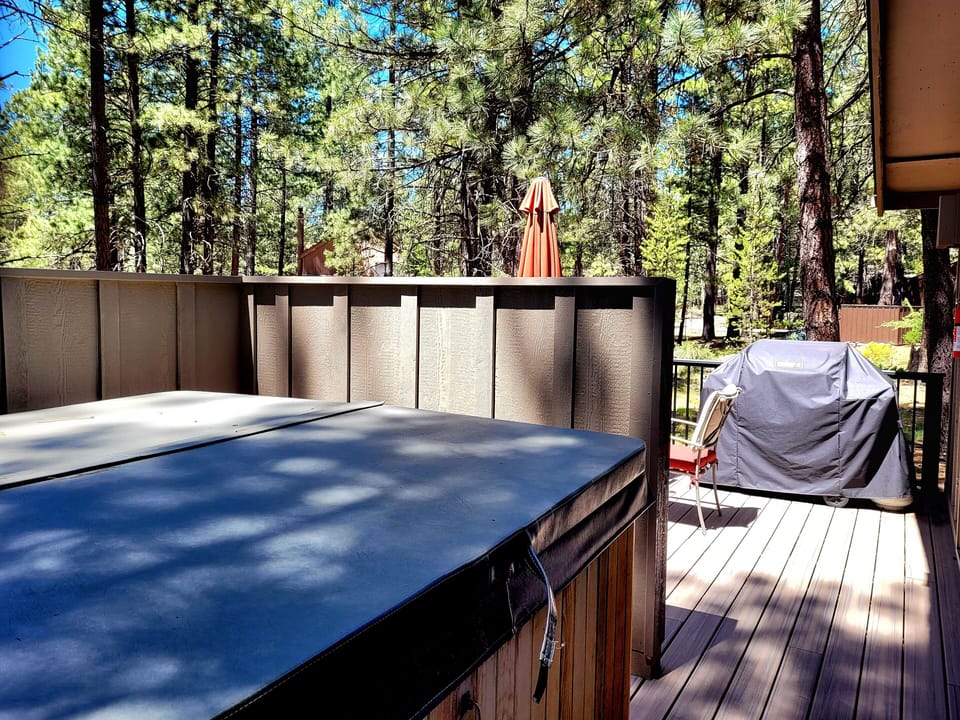 Unwind in the illuminated hot tub surrounded by natural rock features, then take a dip in the adjacent pool—all under dramatic timber beams and bright skylights.