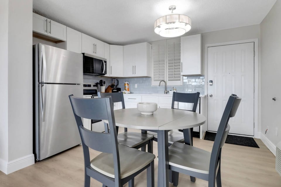 The eat-in kitchen is equipped with all cookware and dinnerware you should need to prepare and serve easy meals during your stay.