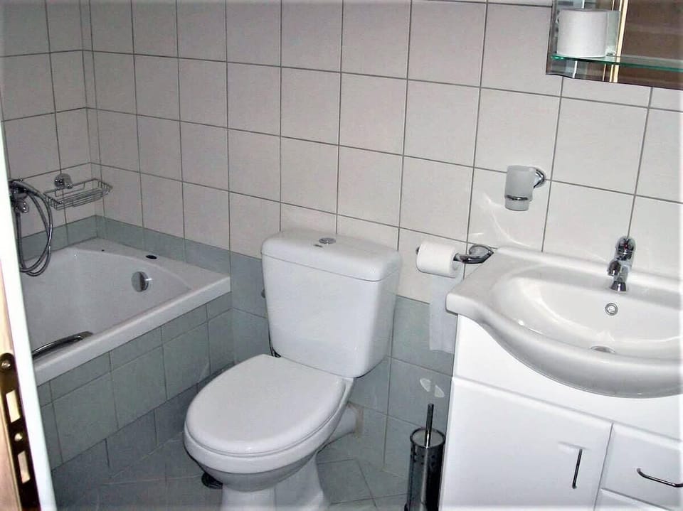 Bathroom – Clean and Well-Maintained with Shower
White tiled bathroom featuring toilet, sink, and wall mirror.