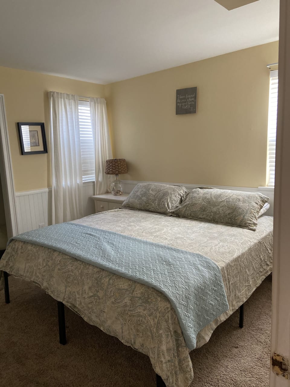 Recently upgraded king bed in the master bedroom. Tempur-pedic mattress topper.