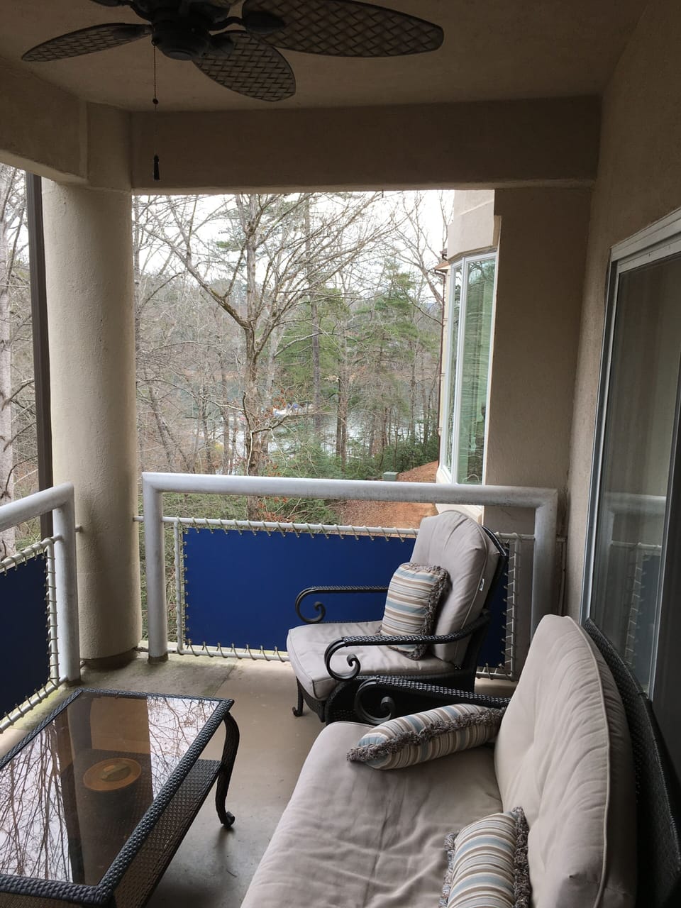 Deck with view of lake.
