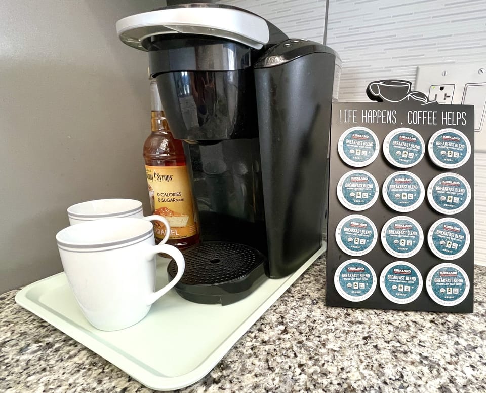 Keurig, standard coffee pot, and starter K-cups are here for that morning cup.