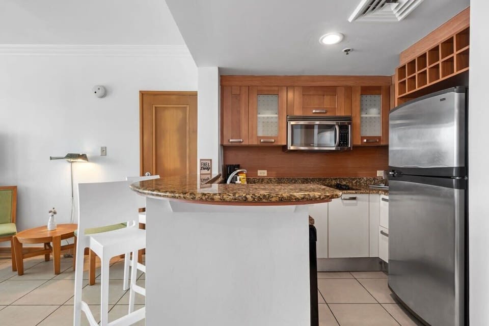 The studio offers a king bed, table for 2, a fully equipped and stocked kitchen and a balcony overlooking the Condado Lagoon.