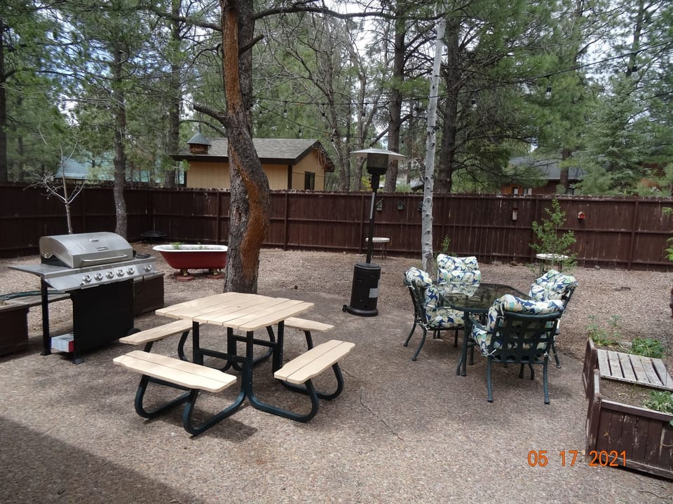 Large patio with seating for 12-14 and propane grill, located off the game room.