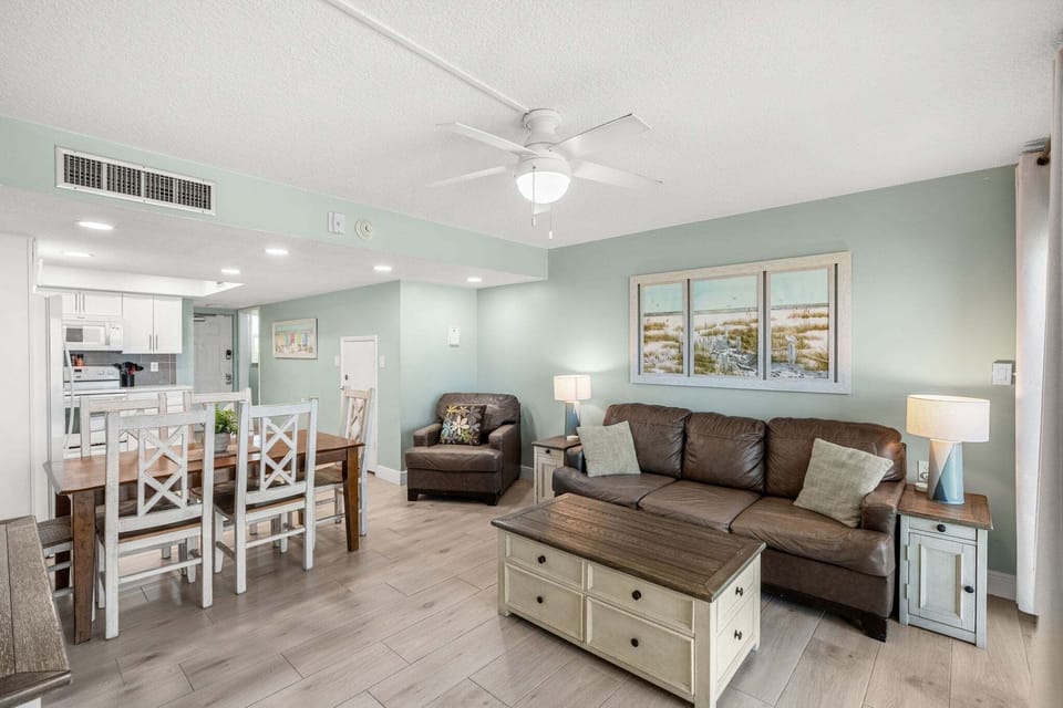 Kitchen seamlessly flows into living room