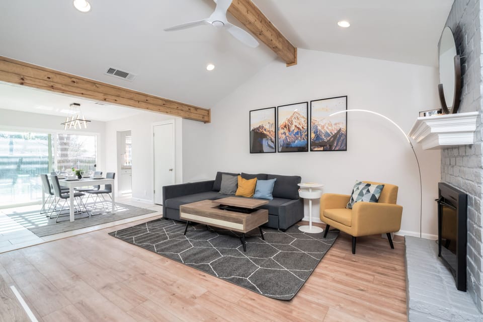 12' tall high ceiling living room with  modern décor.