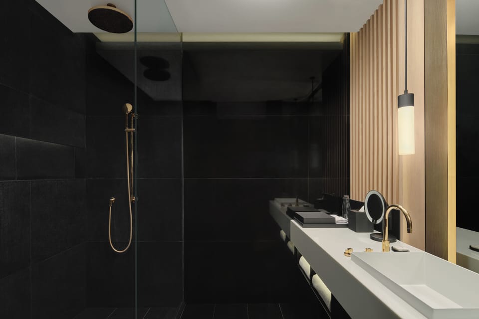 Separate tub and shower, rainfall showerhead, free toiletries