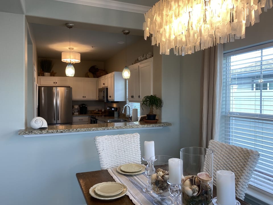 View from the dining room into the kitchen