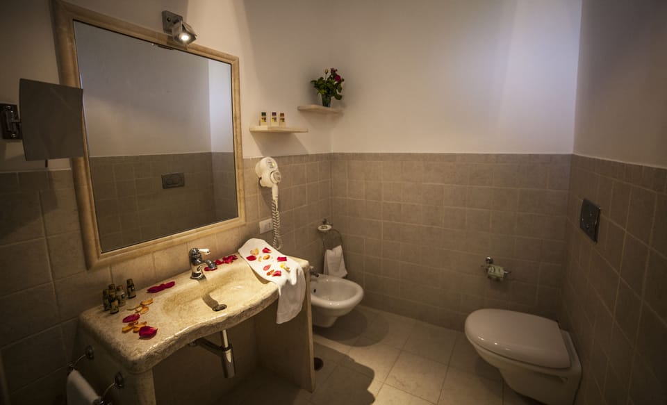 Shower, rainfall showerhead, free toiletries, hair dryer