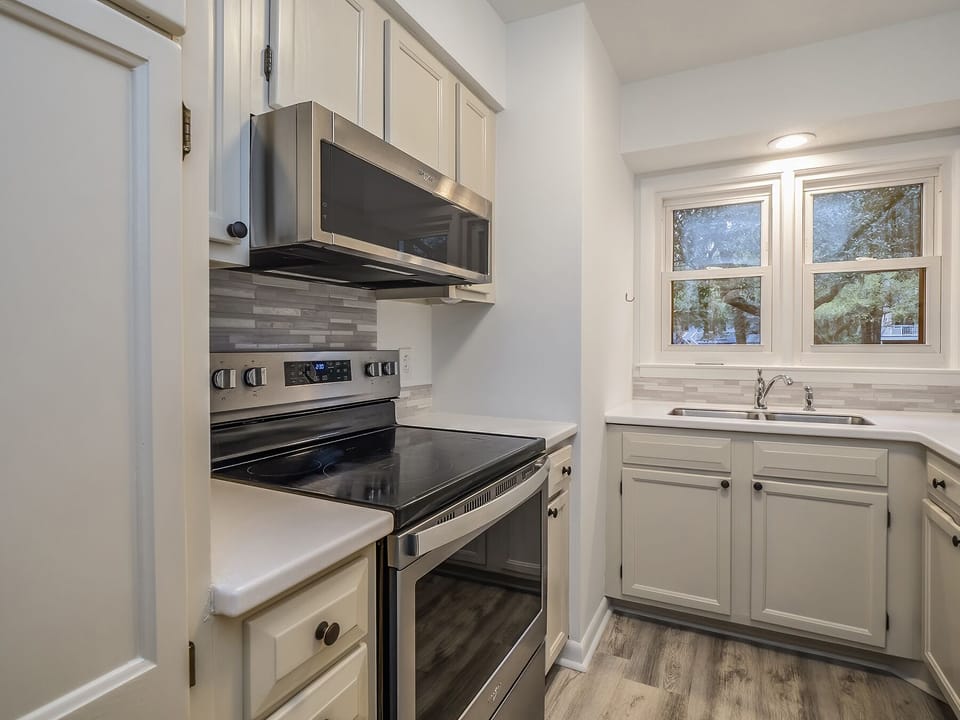 The kitchen is fully stocked. Stainless steel appliances and granite countertops.