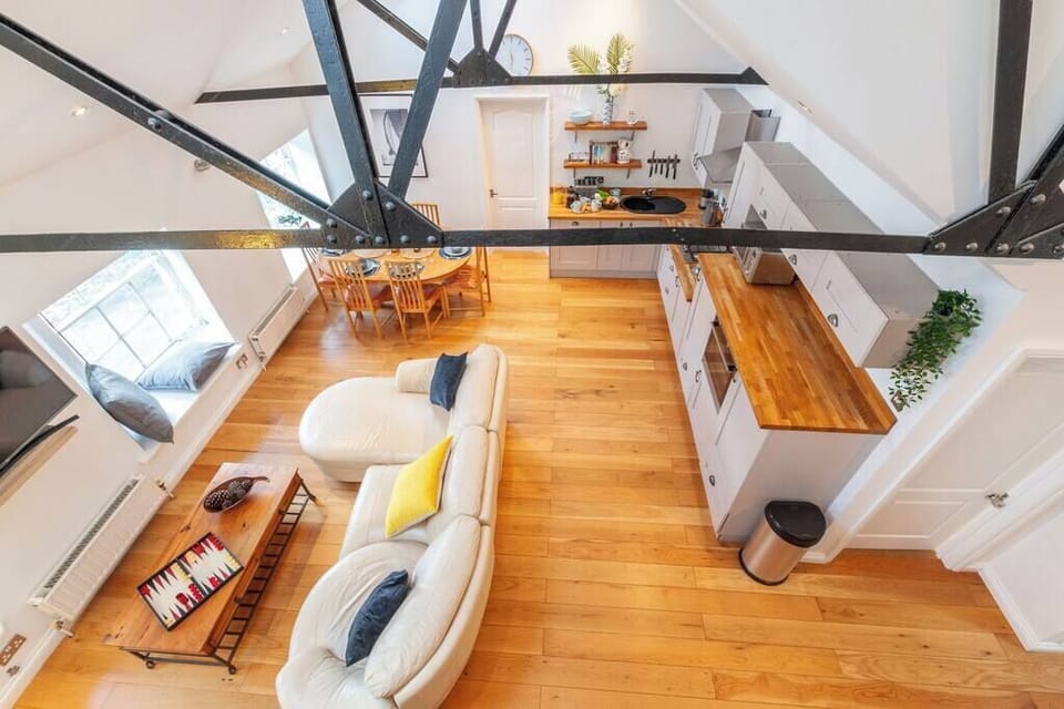 Birds eye view and exposed metal beams.