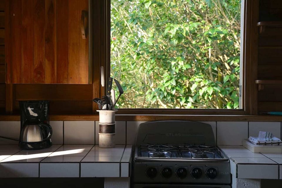 Kitchen is fully equipped with all you need to enjoy home cooked meals in your jungle oasis