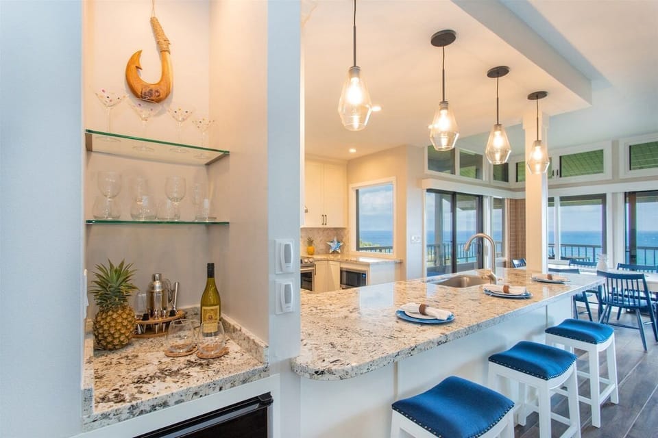 A cozy breakfast bar is the perfect place for morning pancakes and guava mimosas