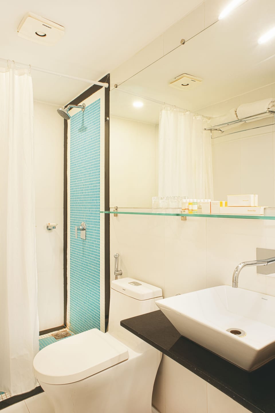 Shower, free toiletries, towels, soap