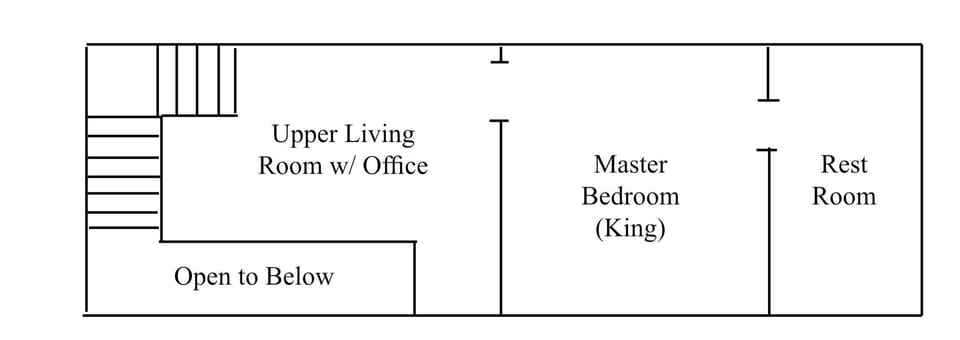 Floorplan to Breeze Condo's upper level showing a staircase with "L" turn into upper level living room, then master bedroom with king bed and large rest room.