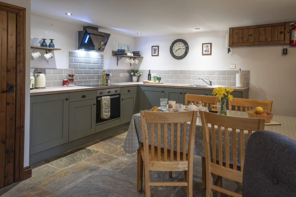 Fridge, microwave, electric kettle, toaster