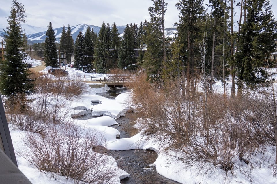 Mountain town setting with snow-lined creek and bridge, surrounded by evergreen trees and winter landscape.