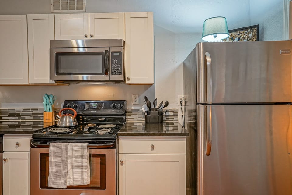 Kettle, stove, microwave, fridge