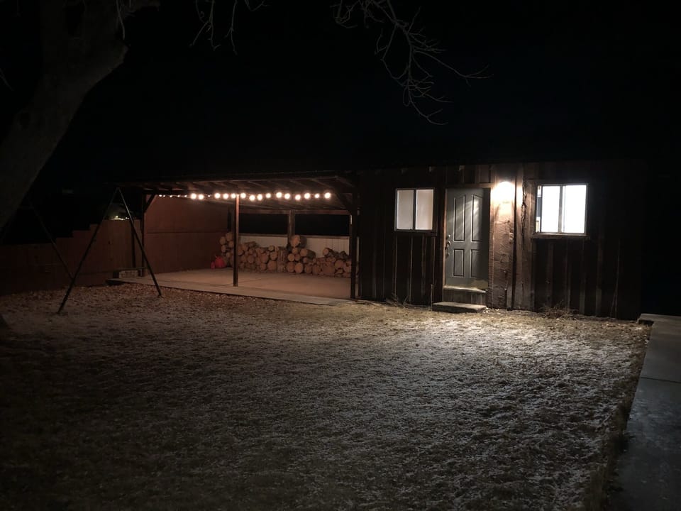 Back yard patio with lights