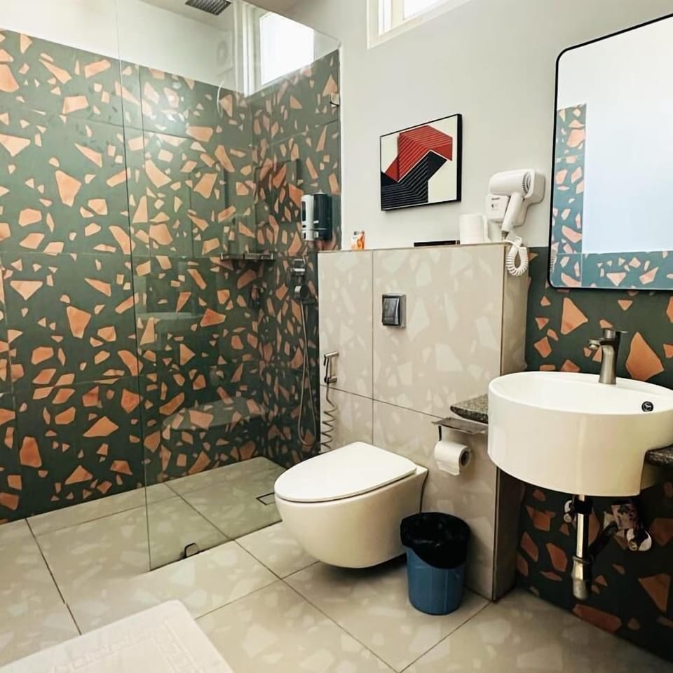 Shower, hair dryer, slippers, soap