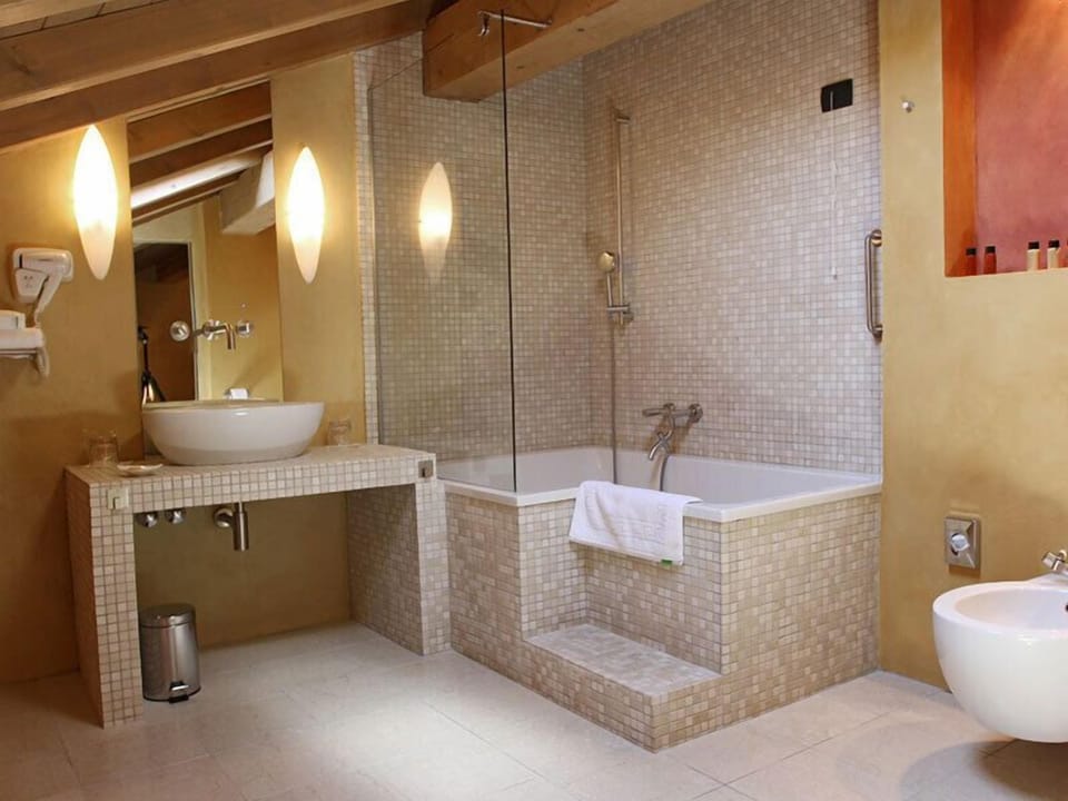 Combined shower/tub, free toiletries, towels