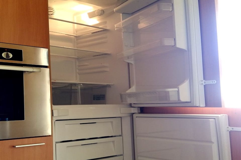 Fridge/Freezer in kitchen near door to patio