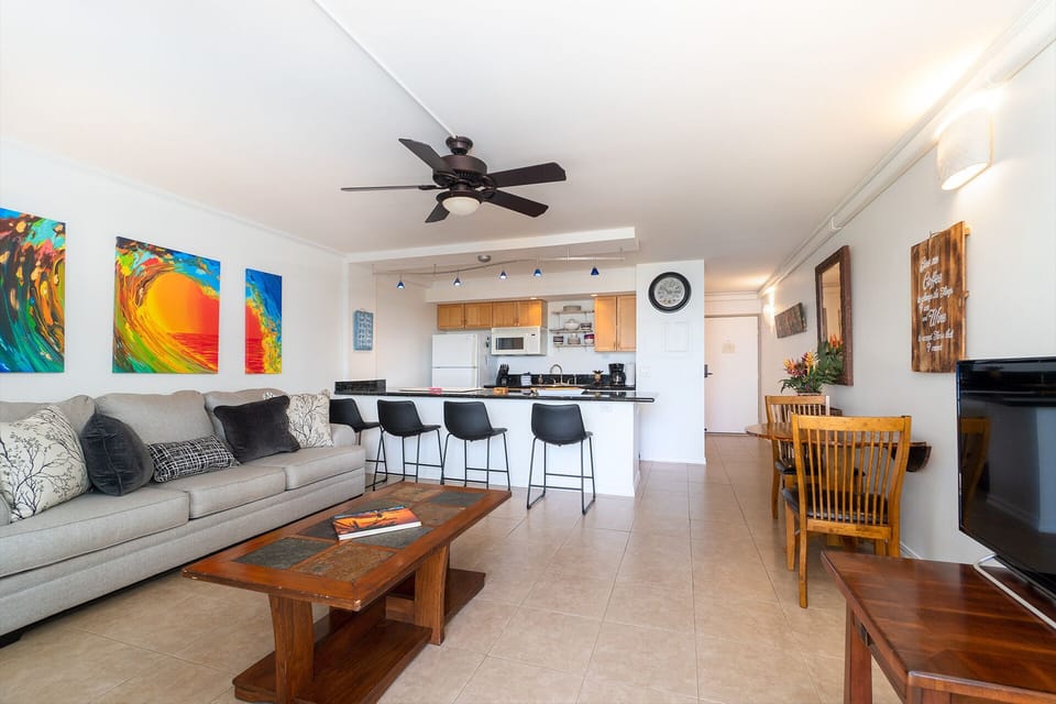 Kitchen & living room, with all new furniture including queen sofa bed