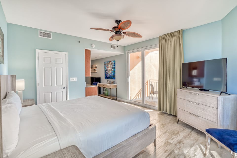 King bed and sleeper sofa (sleeps 3), bathroom, kitchenette, private balcony