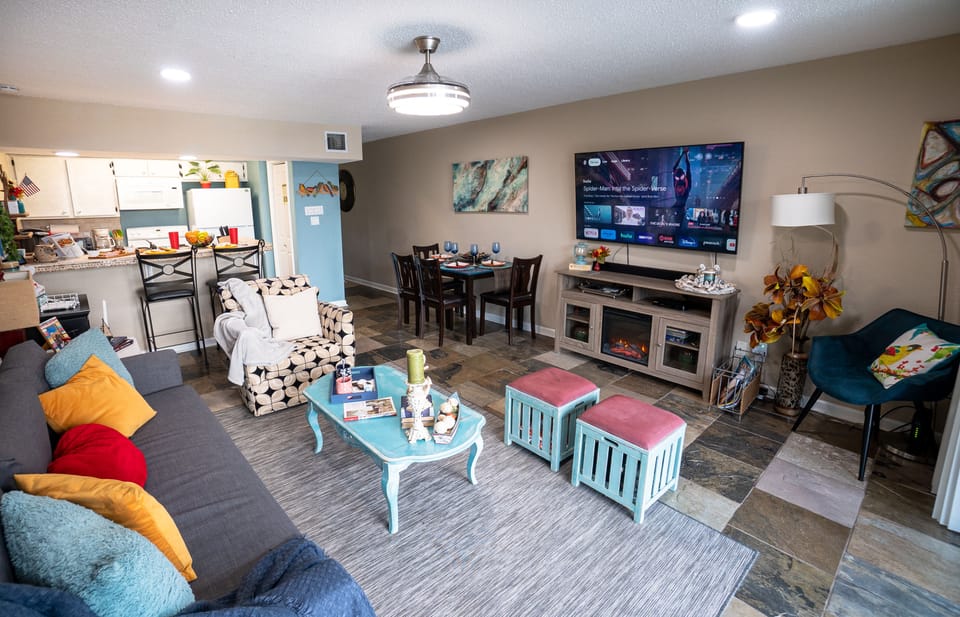 65" TV - Movie Channels - DVD Player - Electric Heated Fireplace!