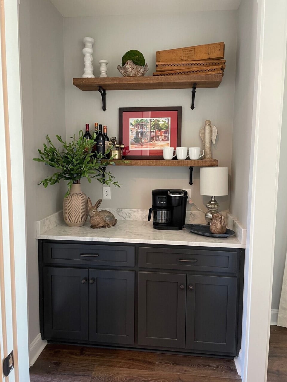 Coffee bar with stocked coffee and supplies. 