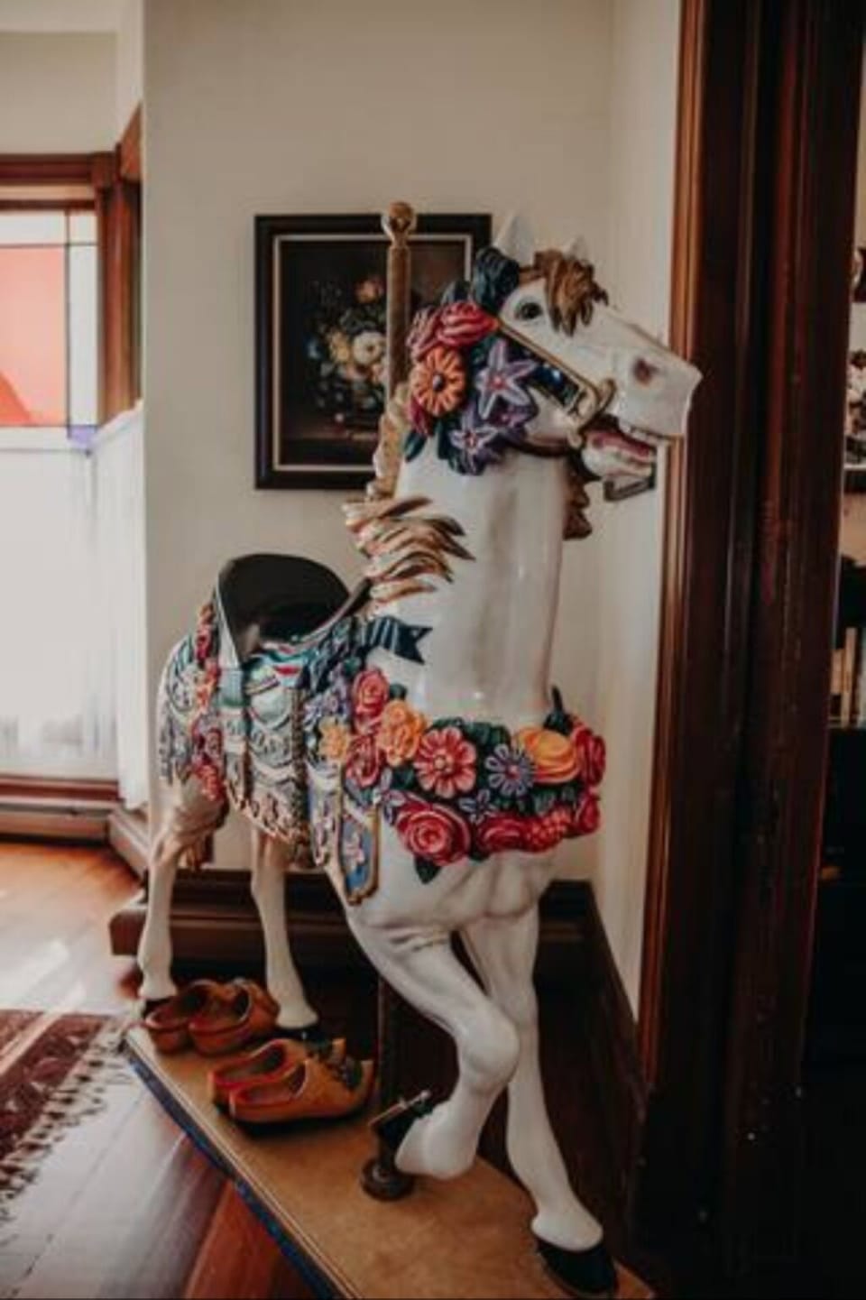 Beautiful carousel horse that yes you can sit on and take pictures!