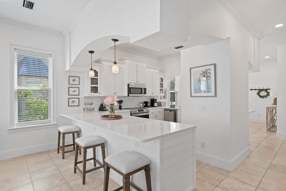 Fully Equipped Kitchen Features New Stove & Microwave; Espresso Maker, Keurig w/ Side Drip Pot, Instapot & Waffle Maker and Plenty of Seating at Both Breakfast Bars