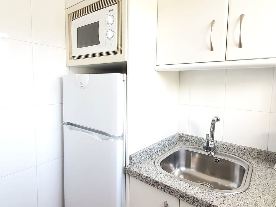 There is a fridge, microwave, hob, toaster.../ Hay un frigorífico, vitrocerámica, microondas, tostadora...