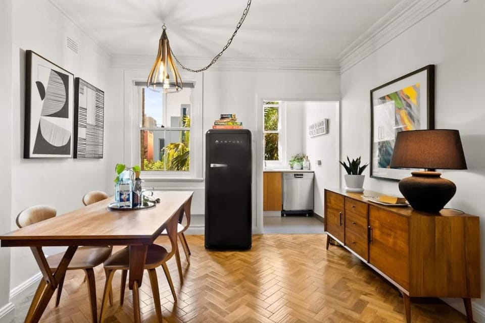 The large dining room, kitchen and retro fridge! Photography by Love Space Photography, NSW, Australia.