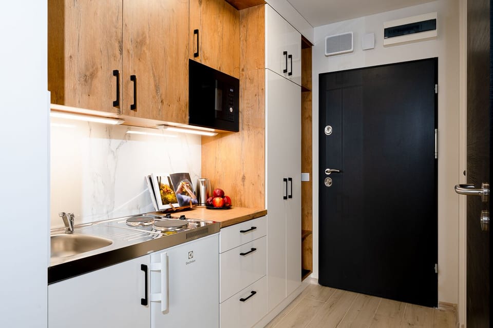 Design Studio | Private kitchen | Stovetop, electric kettle, cookware/dishes/utensils, cleaning supplies