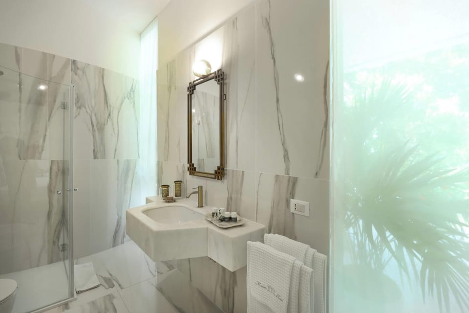 Shower, rainfall showerhead, hair dryer, slippers