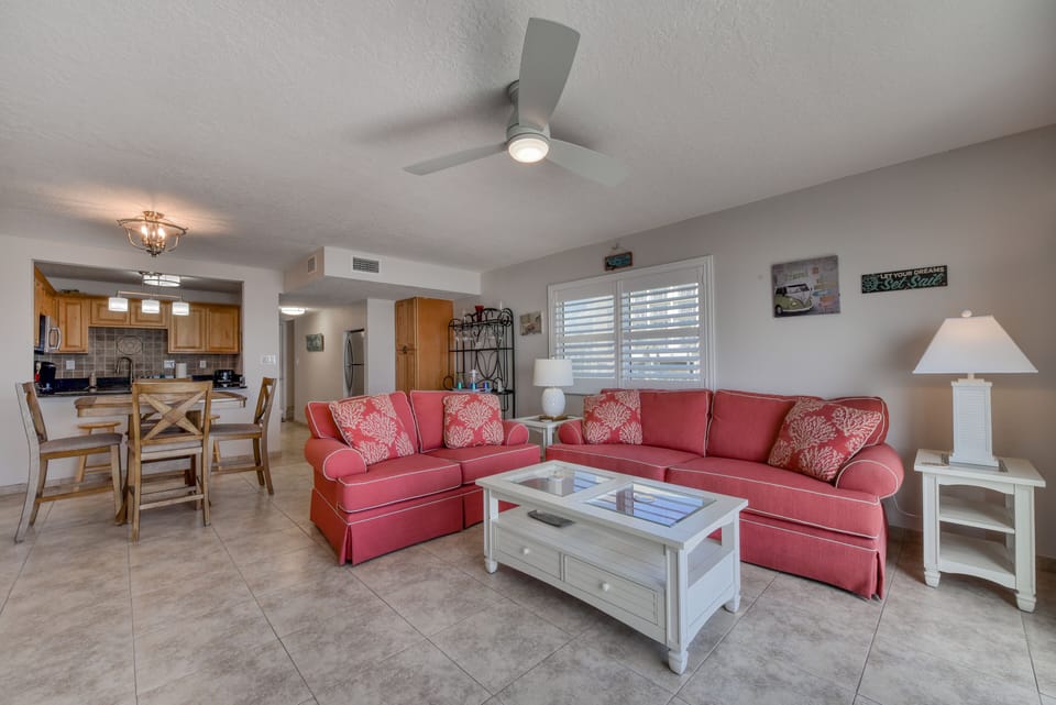 Living Room - pool side unit, ocean view balcony, private beach access, Indialantic, FL