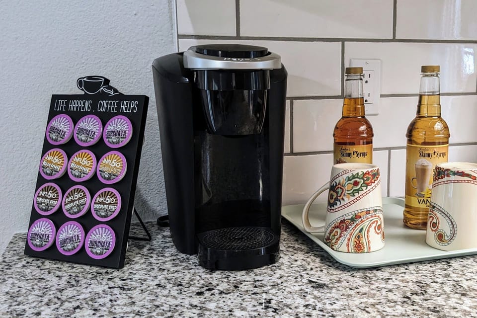 Keurig, standard coffee pot, and starter K-cups are here for that morning cup.
