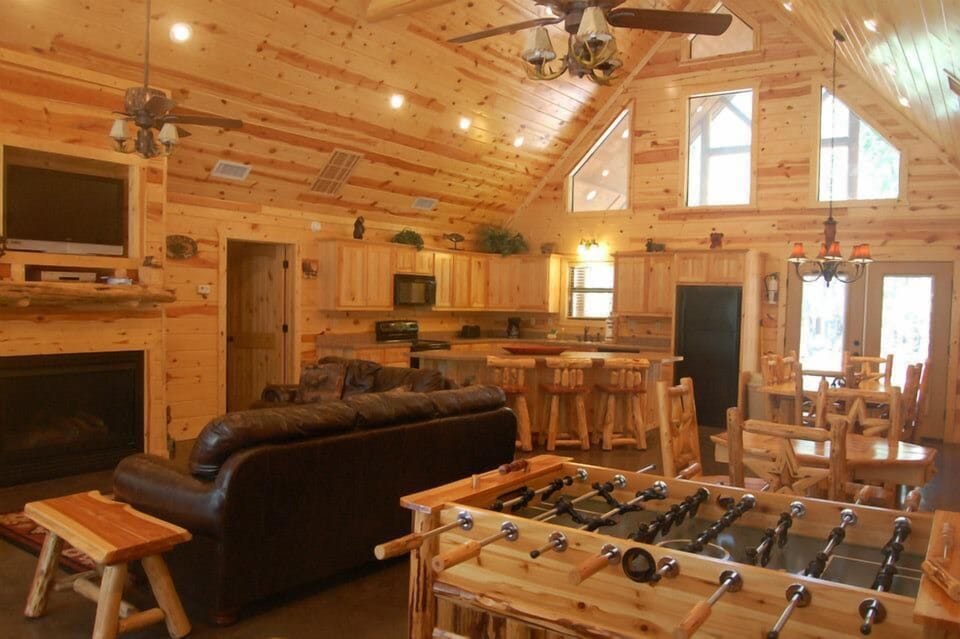 Cabin comfort meets game-night fun in this cozy lodge space
