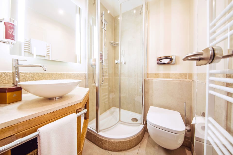 Shower, eco-friendly toiletries, hair dryer, towels