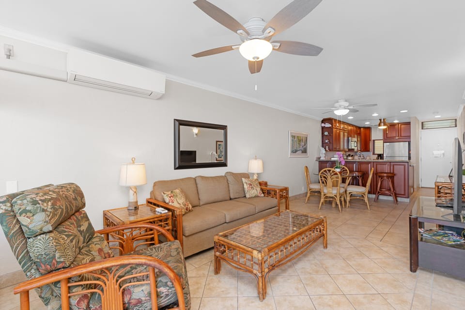 Looking back from the Dining and kitchen area to the front door. New Queen sofa bed is available in the living room.