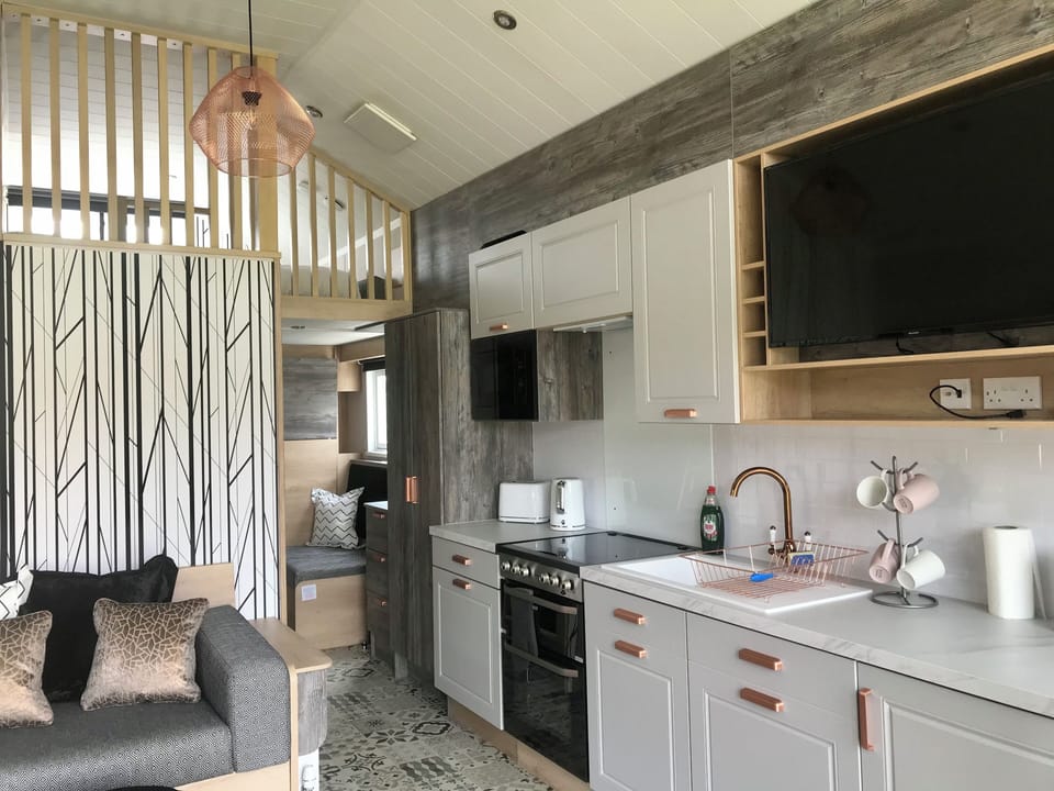 Cabin | Private kitchen | Fridge, microwave, oven, stovetop