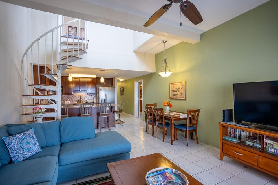 Open Living Room, Dining Table and Patio. Ocean View from Kitchen. 