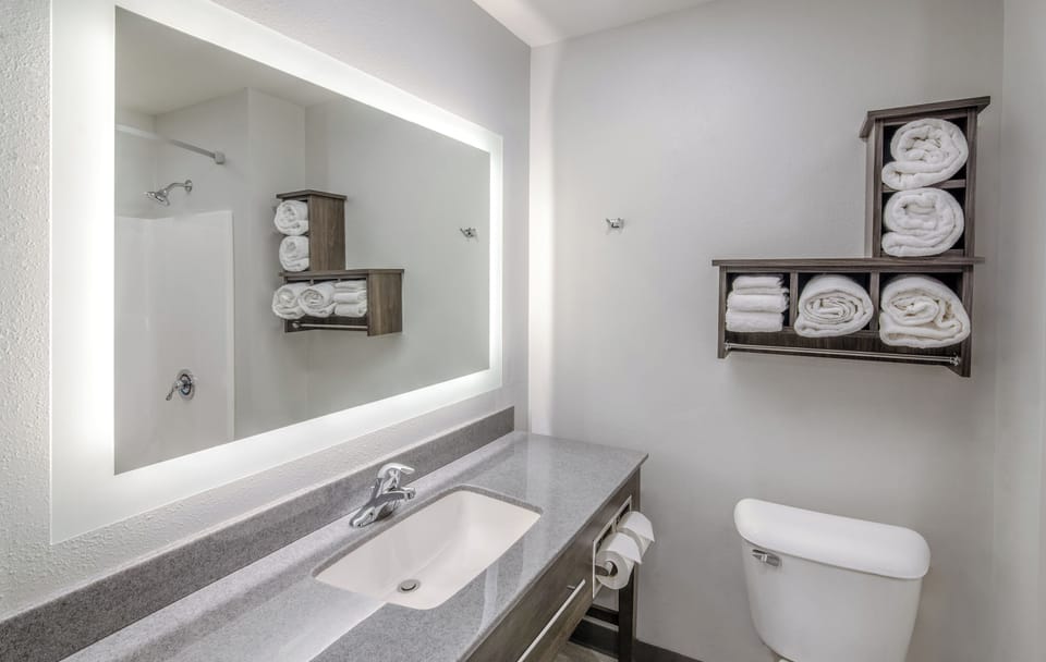 Combined shower/tub, rainfall showerhead, free toiletries, hair dryer