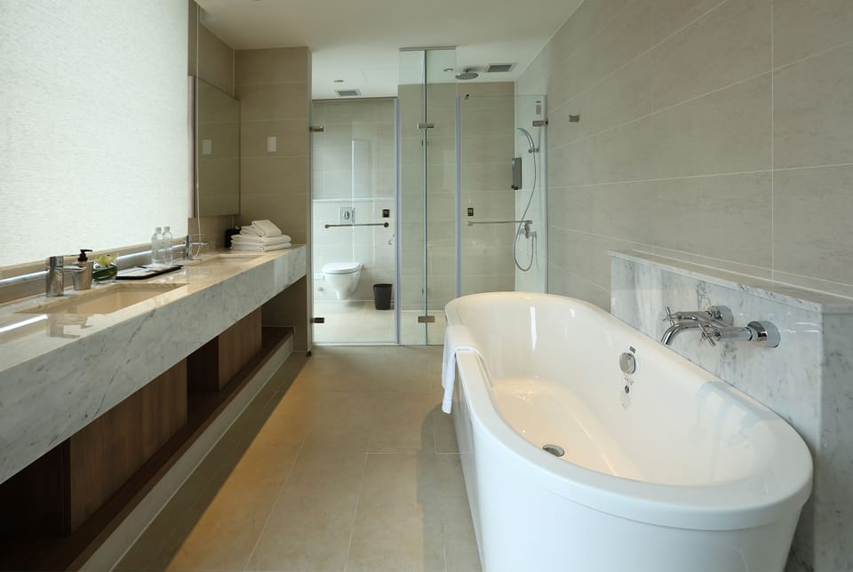 Executive Suite | Bathroom | Hair dryer, slippers, towels