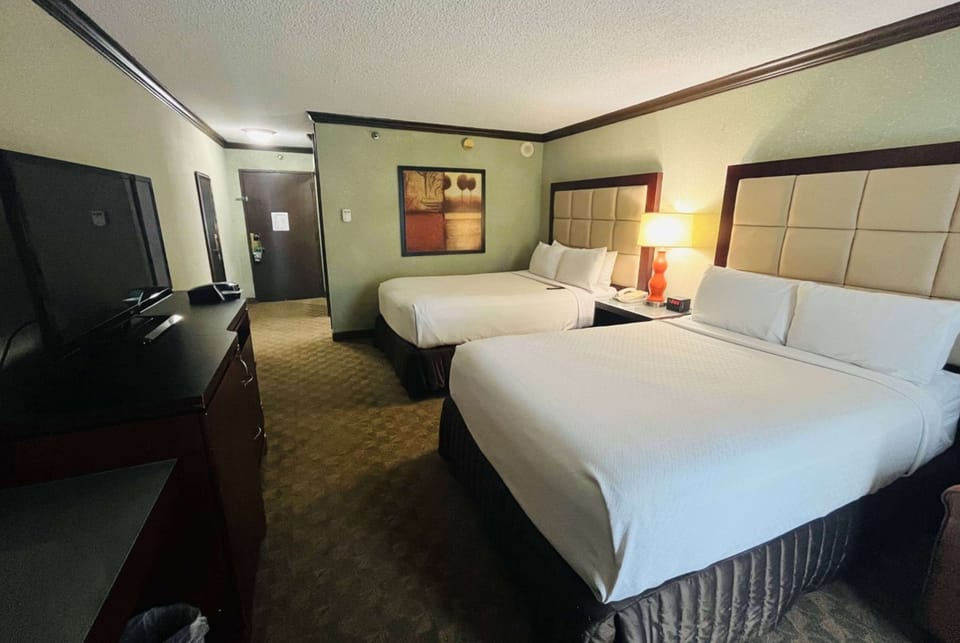 Room, 2 Double Beds, Non Smoking | Desk, laptop workspace, blackout drapes, iron/ironing board