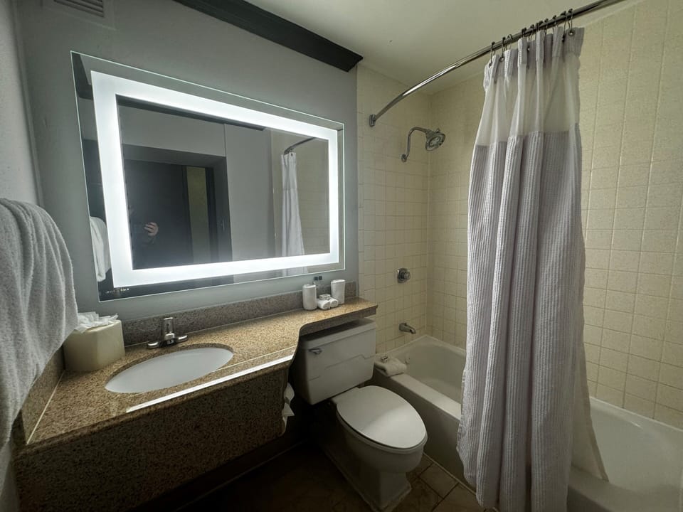 Combined shower/tub, free toiletries, hair dryer, towels