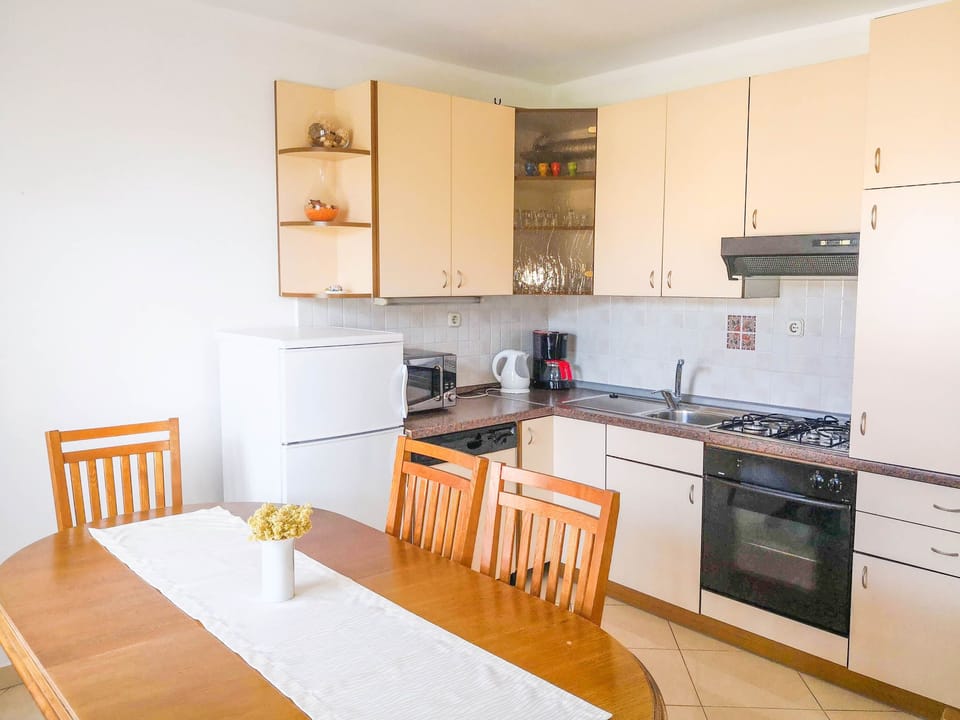 Apartment (A1) | Private kitchen | Fridge, microwave, oven, stovetop