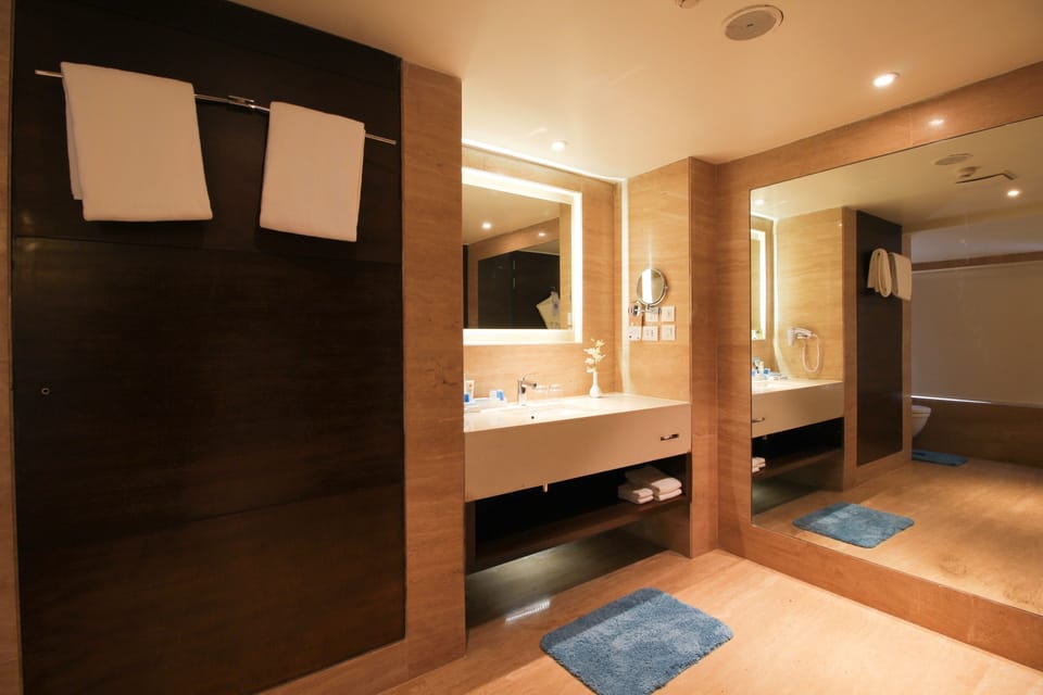 Shower, rainfall showerhead, designer toiletries, hair dryer