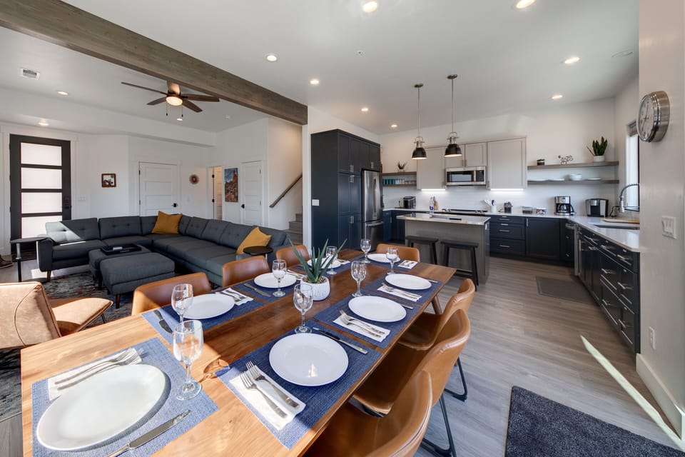 Dining room showing living area and kitchen.